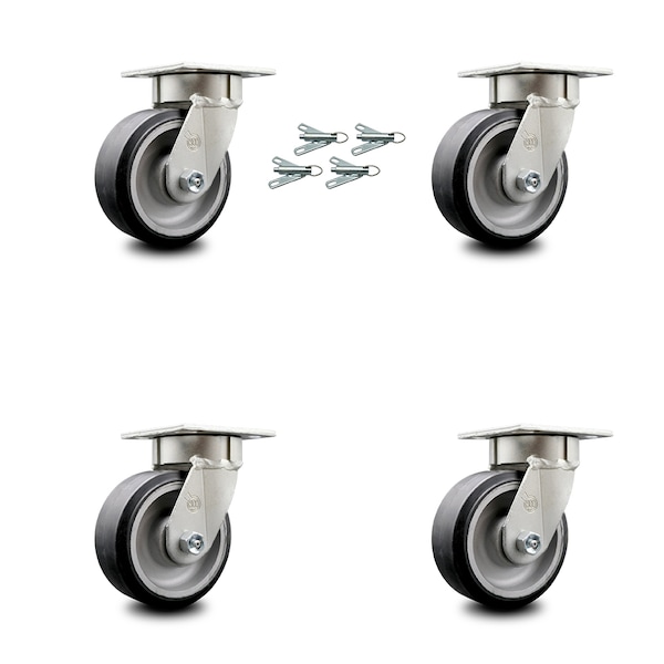 5 Inch Kingpinless Rubber on Aluminum Wheel Swivel Caster Set with Swivel Locks